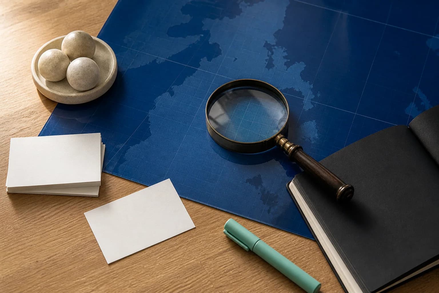 Research materials and magnifying lens representing evidence-led market decisions