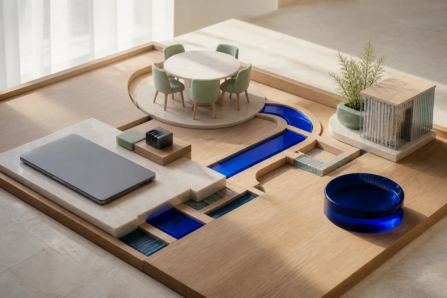 Abstract workspace, meeting and support modules joined as a local operating base