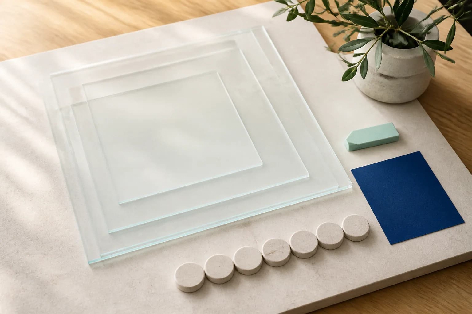 Layered glass and stone still life representing a transparent service proposal