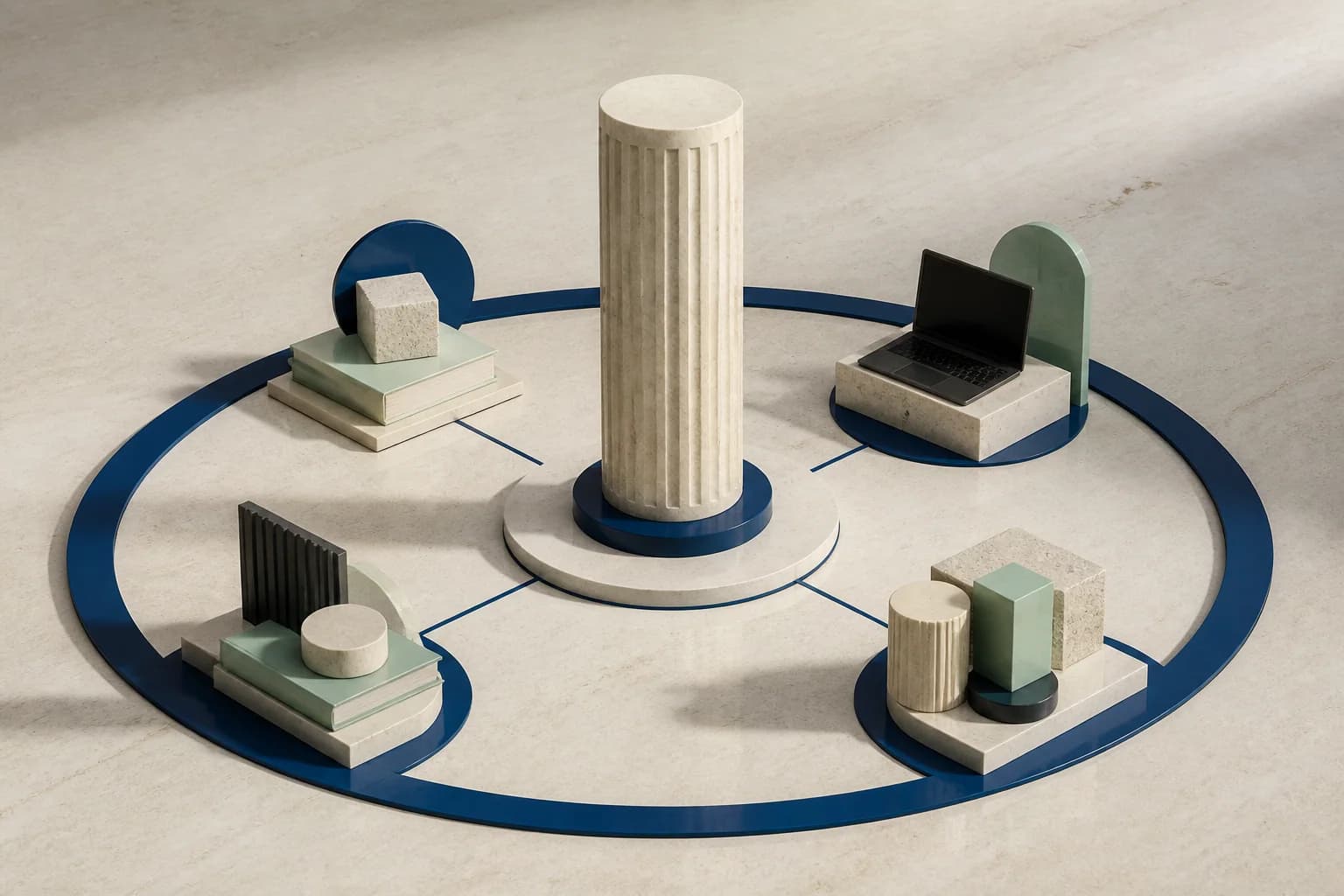 Central stone column supported by coordinated operating modules
