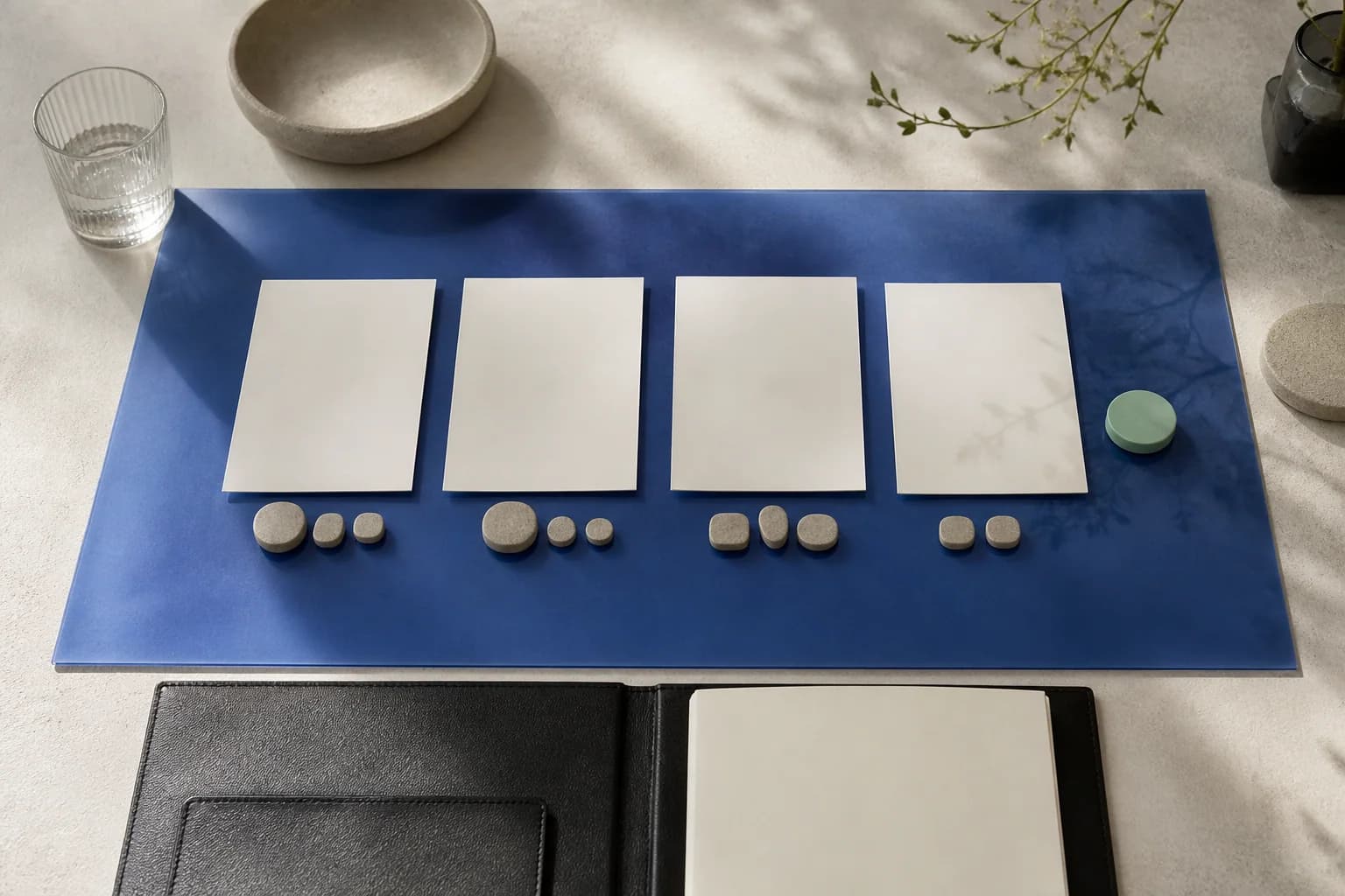 Blank review cards and evidence tokens representing human-led structured reporting